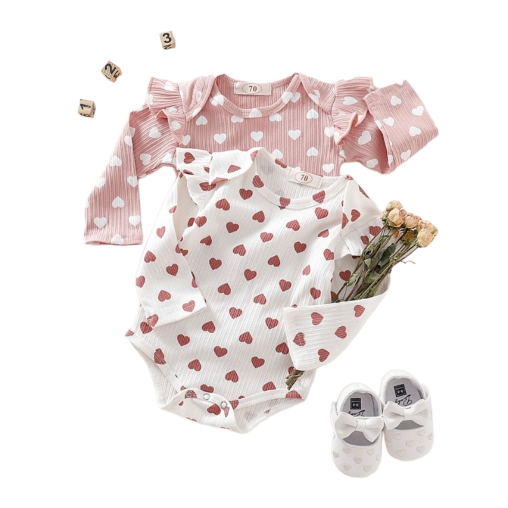 NWT White Heart Print Ruffle Trim Romper
